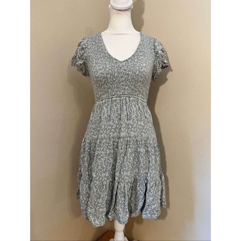 Altar'd State Sage Gray Green Ivory Floral Ruffle Sleeve Mini Dress S